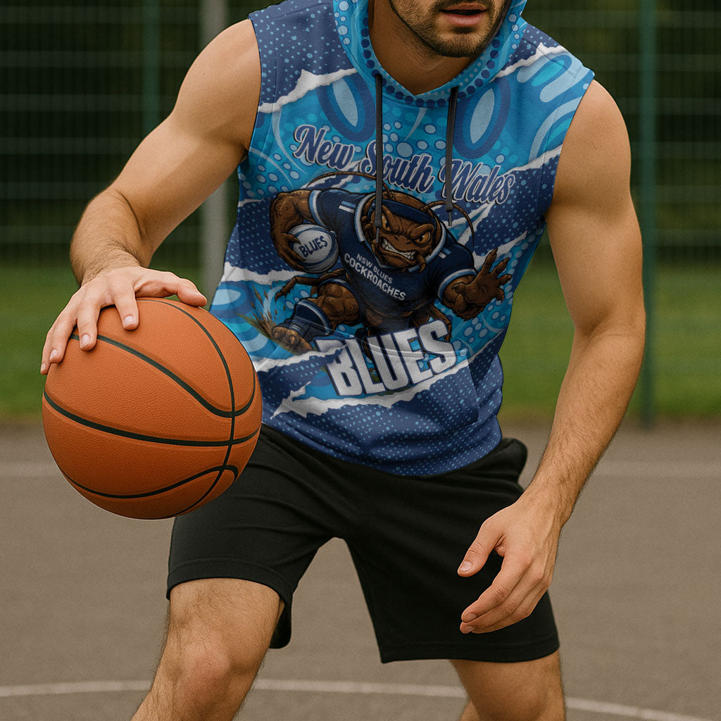 NSW Blues Rugby Custom Sleeveless Hoodie Go Cockroaches Sporty Aboriginal Art