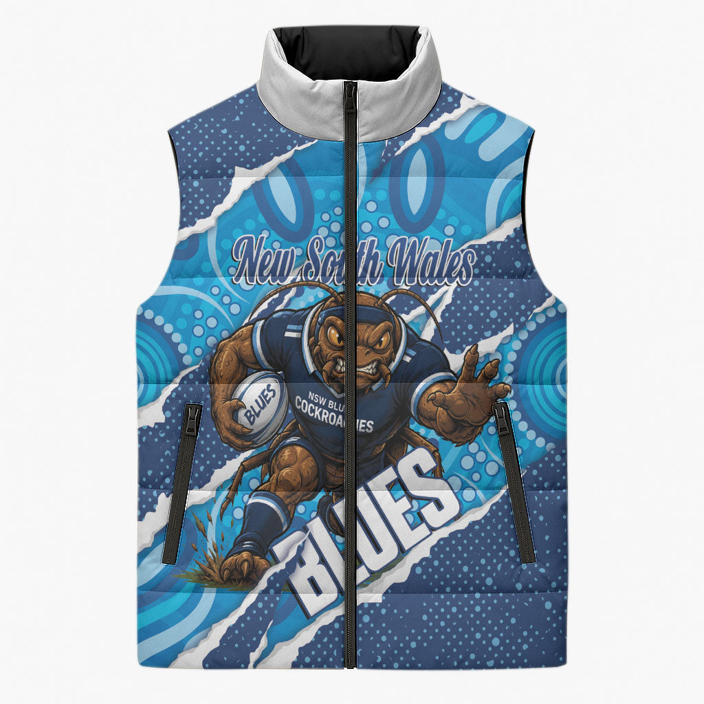 NSW Blues Rugby Custom Sleeveless Puffer Jacket Go Cockroaches Sporty Aboriginal Art