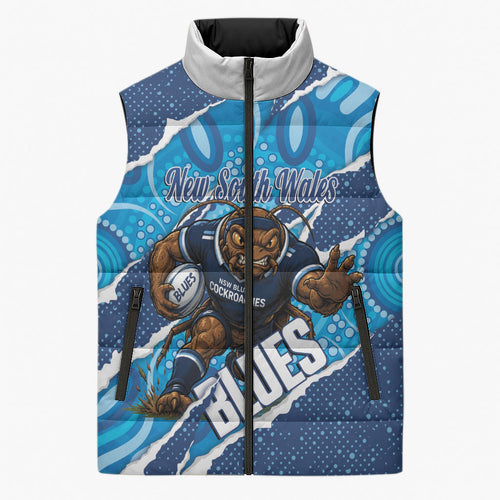 NSW Blues Rugby Custom Sleeveless Puffer Jacket Go Cockroaches Sporty Aboriginal Art