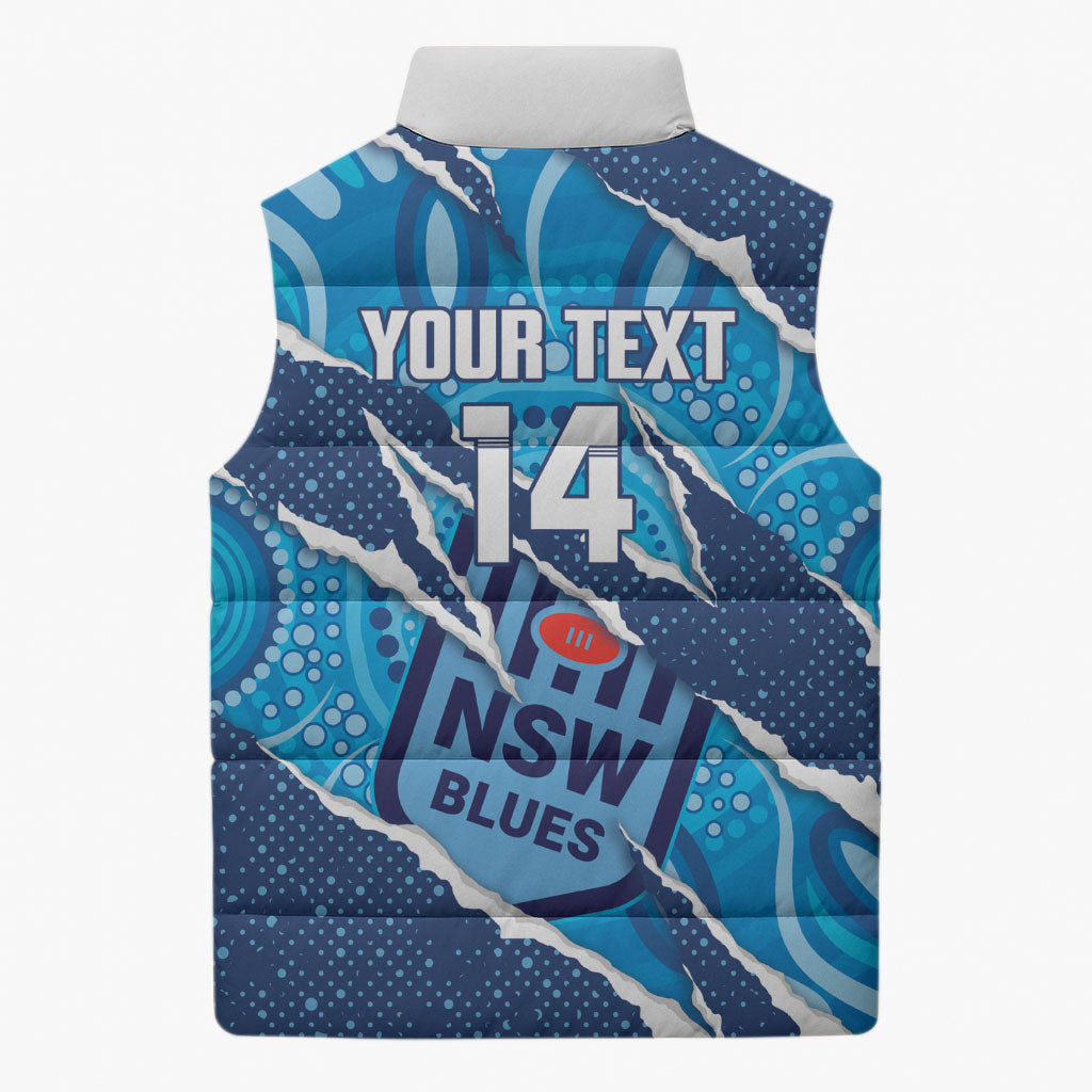 NSW Blues Rugby Custom Sleeveless Puffer Jacket Go Cockroaches Sporty Aboriginal Art