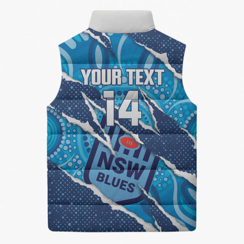 NSW Blues Rugby Custom Sleeveless Puffer Jacket Go Cockroaches Sporty Aboriginal Art