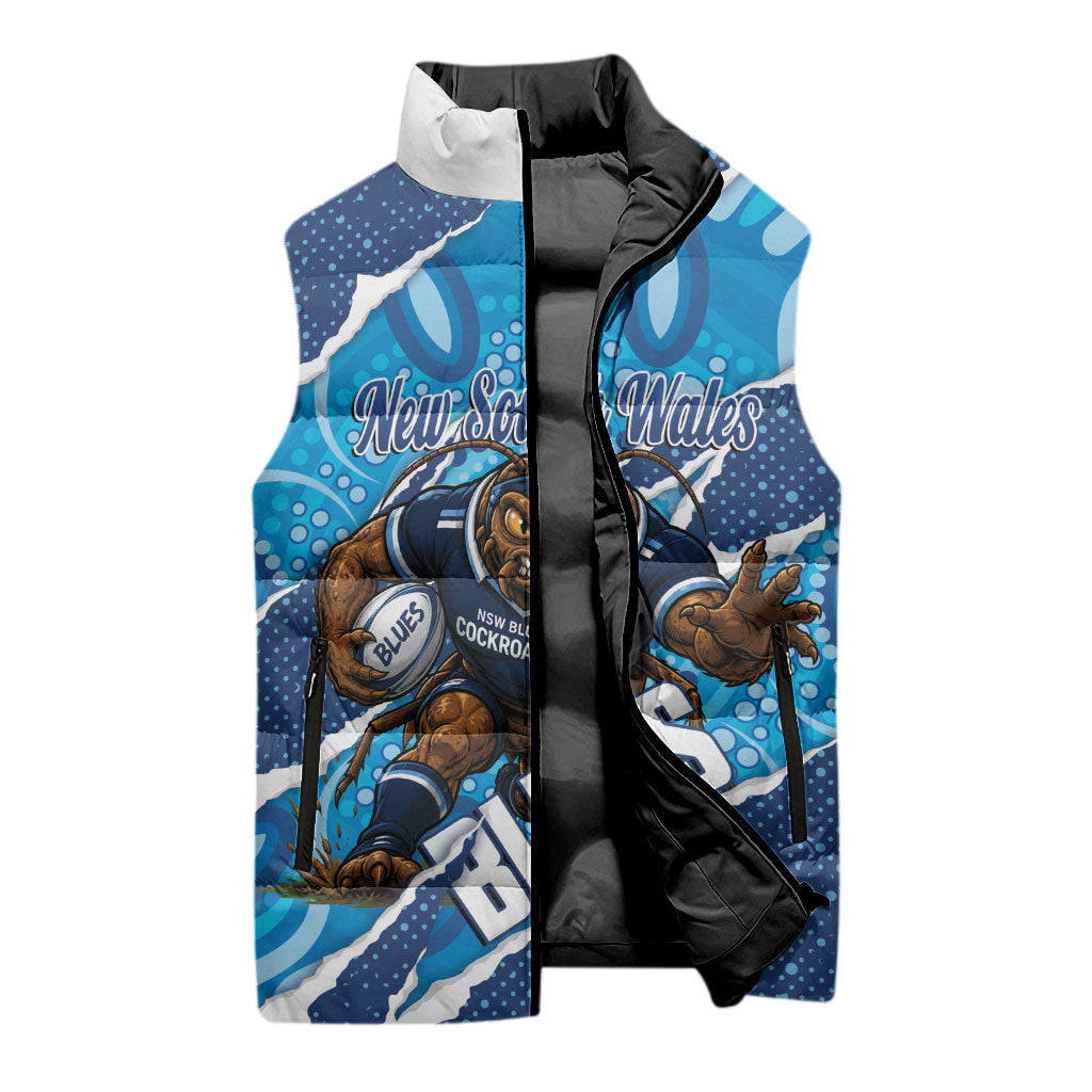 NSW Blues Rugby Custom Sleeveless Puffer Jacket Go Cockroaches Sporty Aboriginal Art