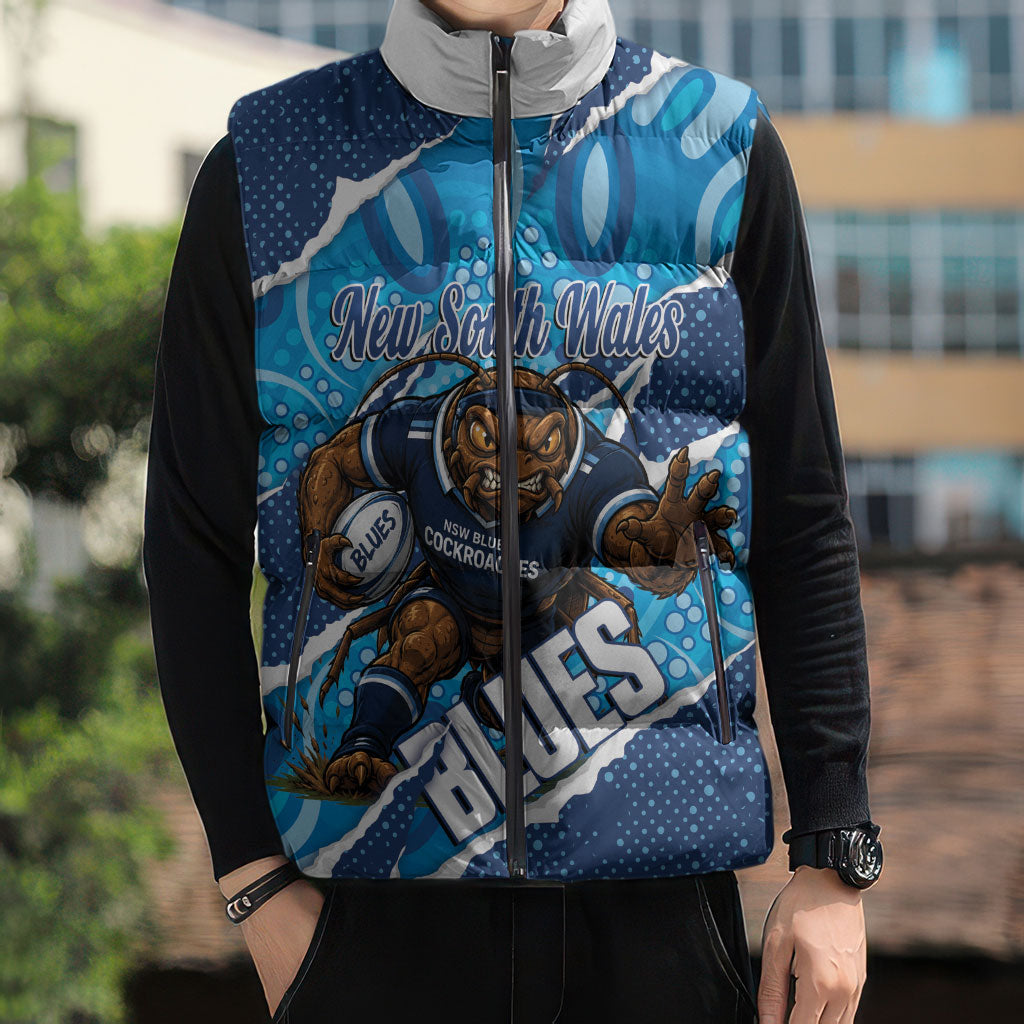 NSW Blues Rugby Custom Sleeveless Puffer Jacket Go Cockroaches Sporty Aboriginal Art