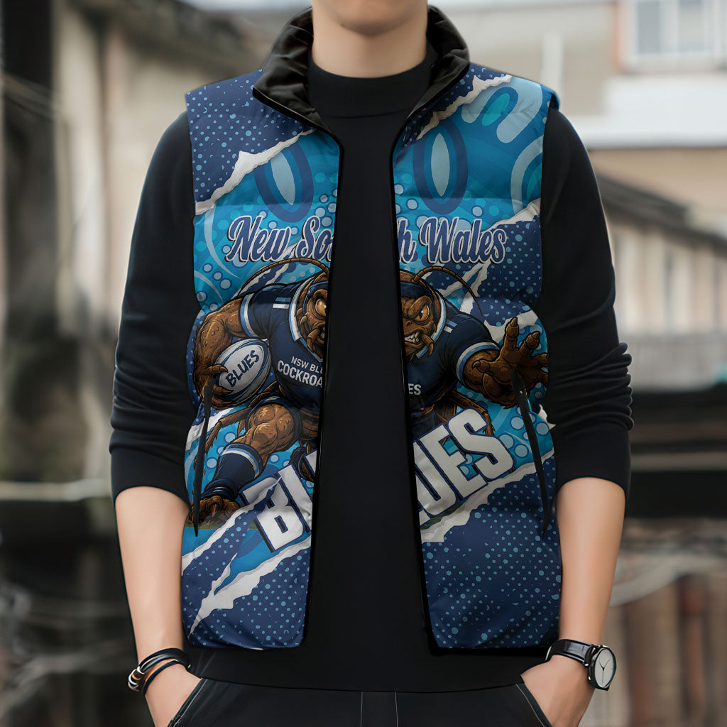 NSW Blues Rugby Custom Sleeveless Puffer Jacket Go Cockroaches Sporty Aboriginal Art