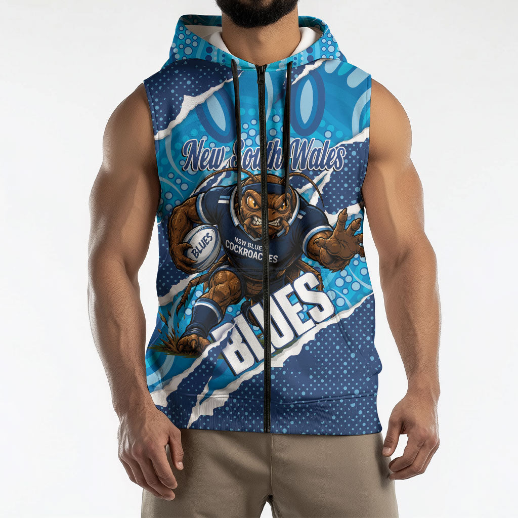 NSW Blues Rugby Custom Sleeveless Zip Hoodie Go Cockroaches Sporty Aboriginal Art