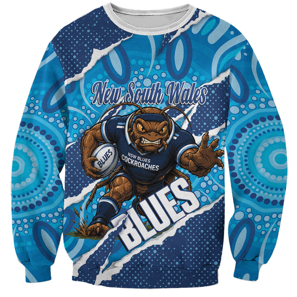NSW Blues Rugby Custom Sweatshirt Go Cockroaches Sporty Aboriginal Art