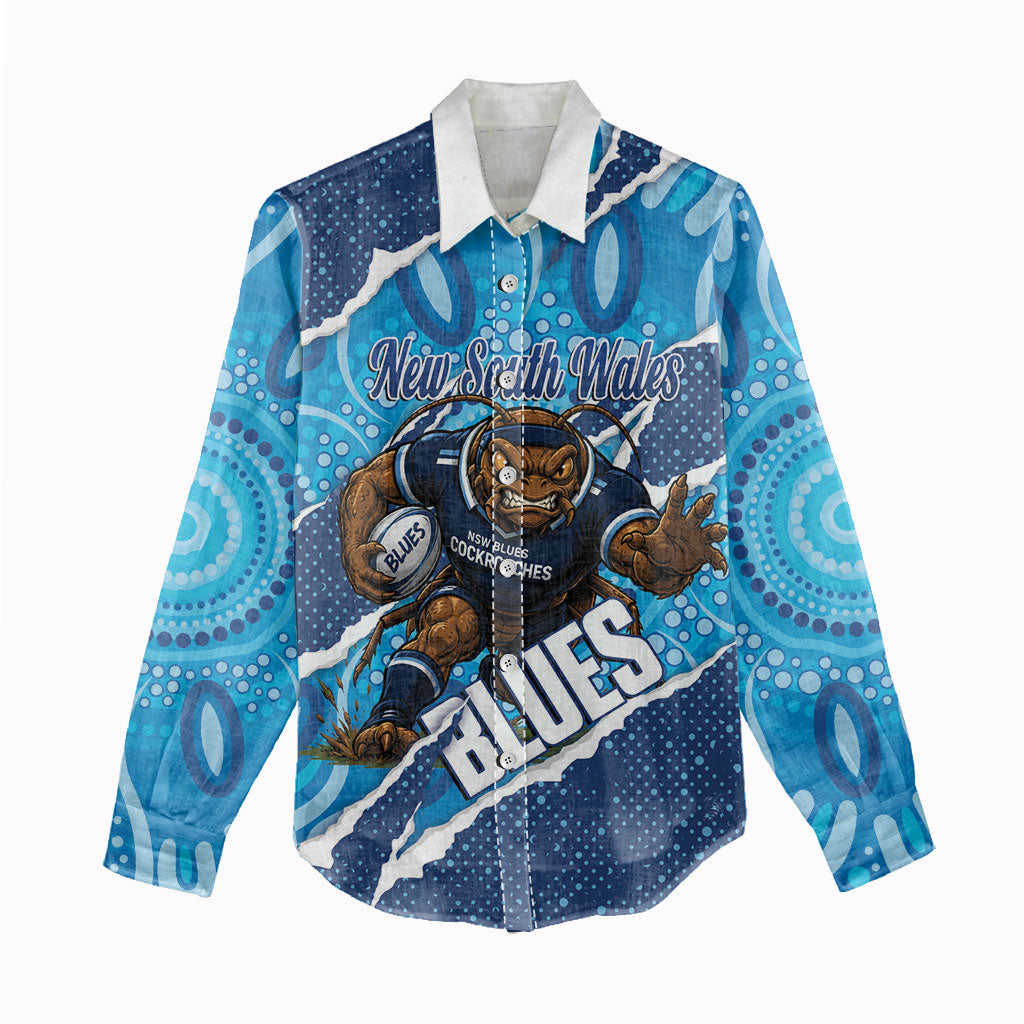 NSW Blues Rugby Custom Women Casual Shirt Go Cockroaches Sporty Aboriginal Art