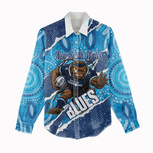 NSW Blues Rugby Custom Women Casual Shirt Go Cockroaches Sporty Aboriginal Art