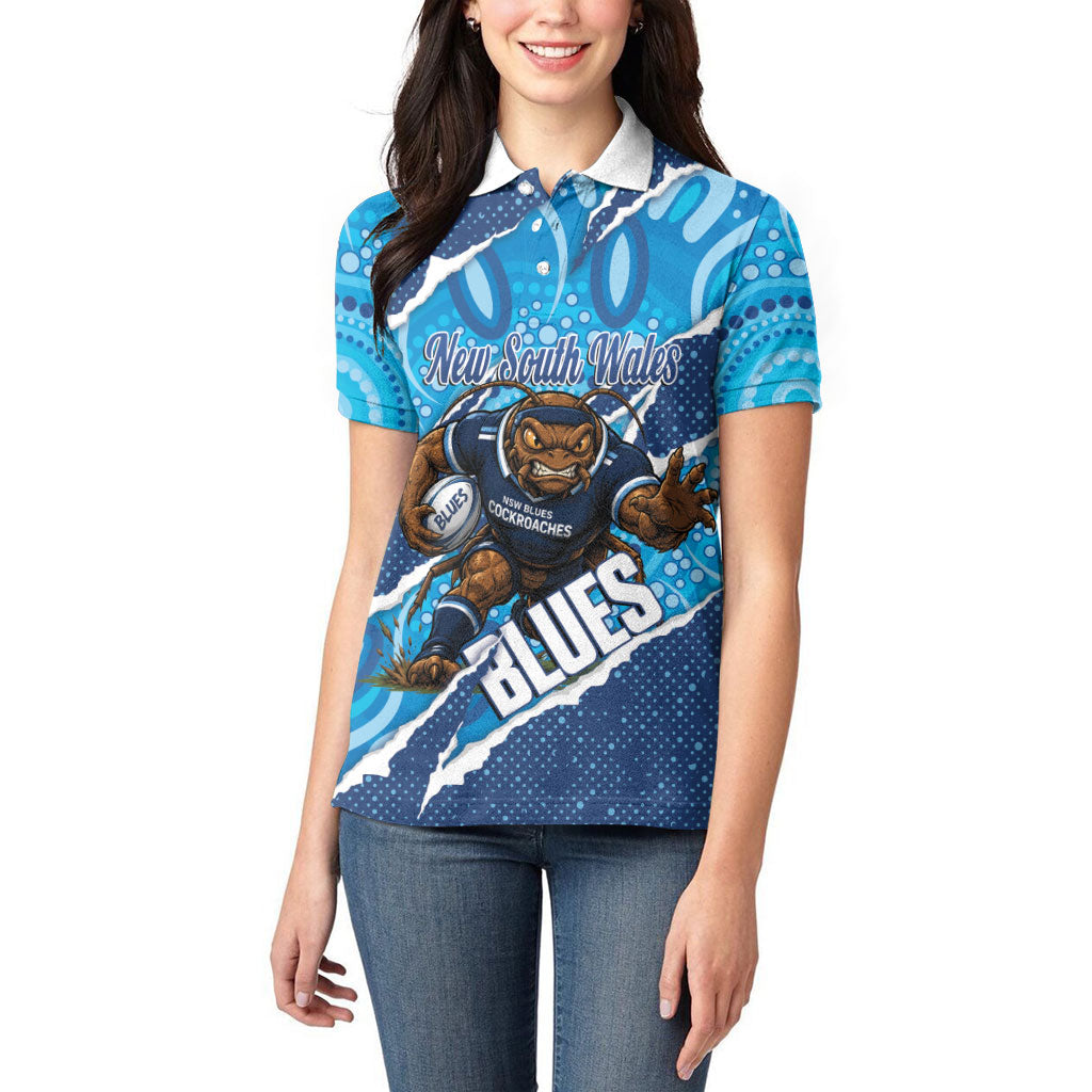 NSW Blues Rugby Custom Women Polo Shirt Go Cockroaches Sporty Aboriginal Art