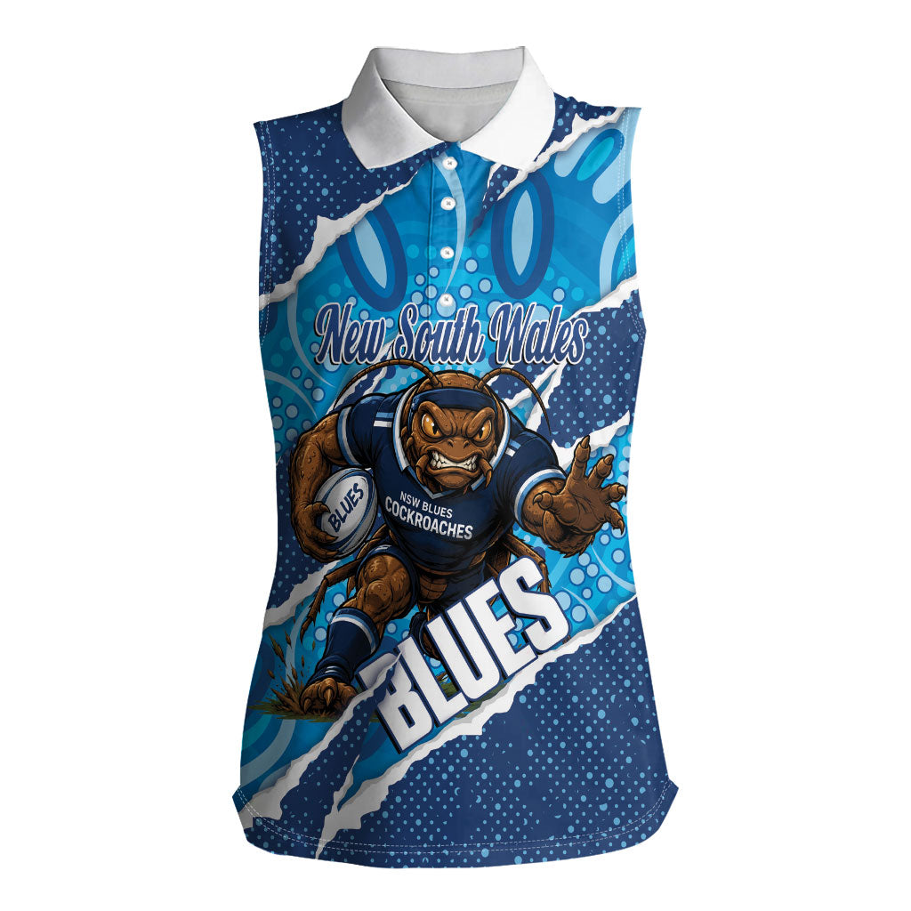 NSW Blues Rugby Custom Women Sleeveless Polo Shirt Go Cockroaches Sporty Aboriginal Art