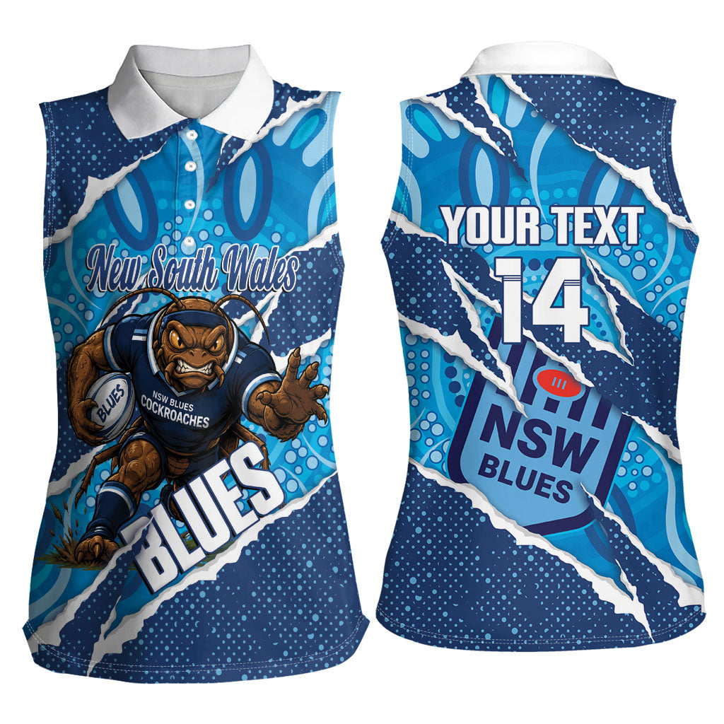 NSW Blues Rugby Custom Women Sleeveless Polo Shirt Go Cockroaches Sporty Aboriginal Art