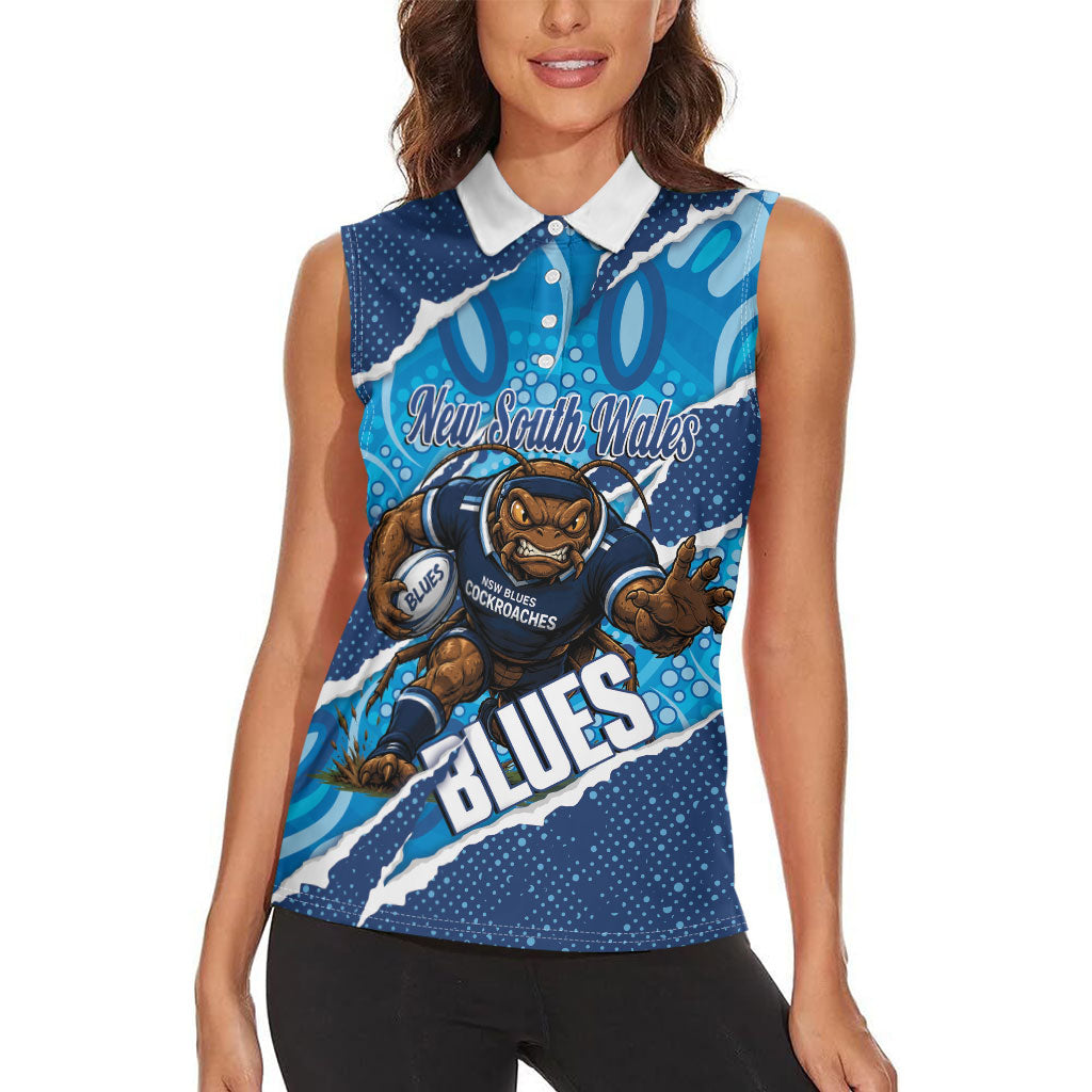 NSW Blues Rugby Custom Women Sleeveless Polo Shirt Go Cockroaches Sporty Aboriginal Art
