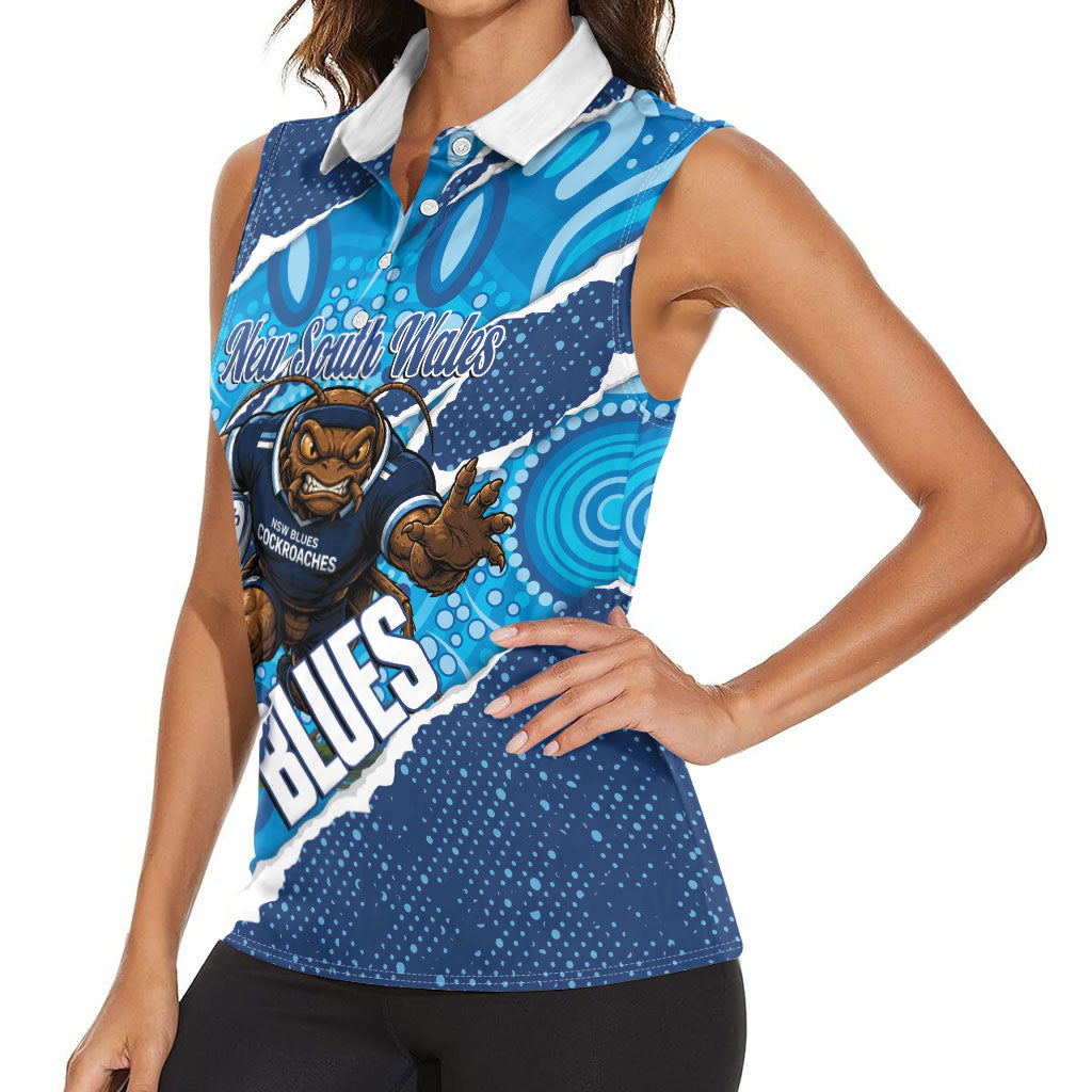 NSW Blues Rugby Custom Women Sleeveless Polo Shirt Go Cockroaches Sporty Aboriginal Art