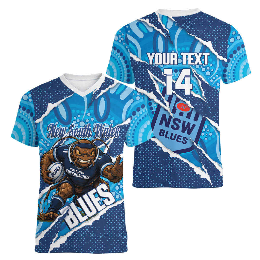NSW Blues Rugby Custom Women V-Neck T-Shirt Go Cockroaches Sporty Aboriginal Art
