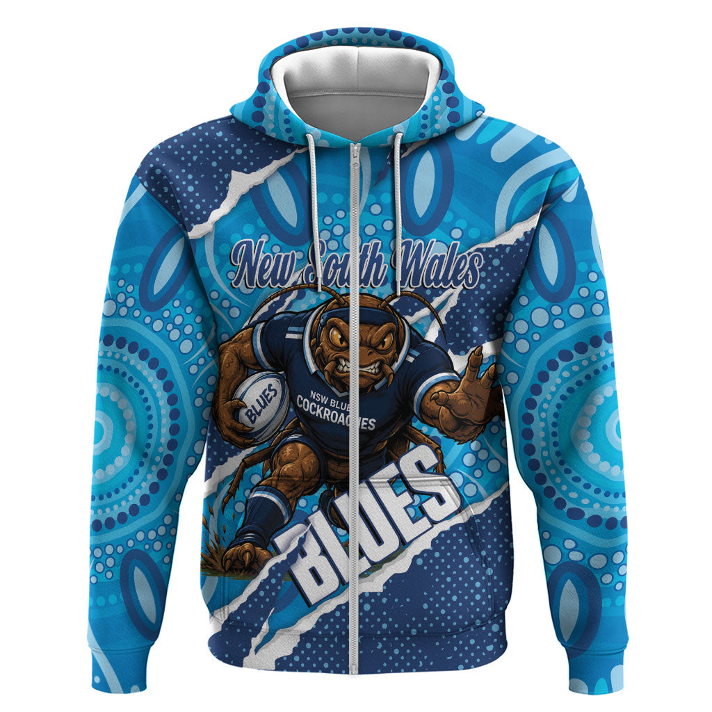 NSW Blues Rugby Custom Zip Hoodie Go Cockroaches Sporty Aboriginal Art