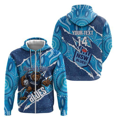NSW Blues Rugby Custom Zip Hoodie Go Cockroaches Sporty Aboriginal Art