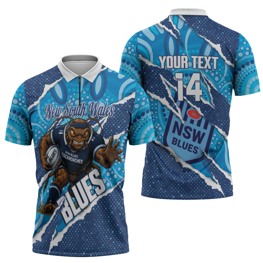 NSW Blues Rugby Custom Zipper Polo Shirt Go Cockroaches Sporty Aboriginal Art
