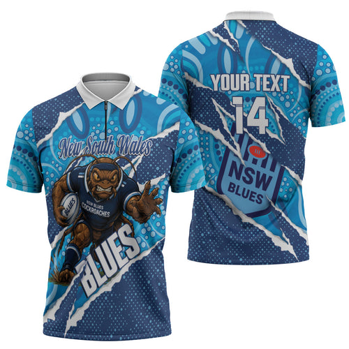 NSW Blues Rugby Custom Zipper Polo Shirt Go Cockroaches Sporty Aboriginal Art