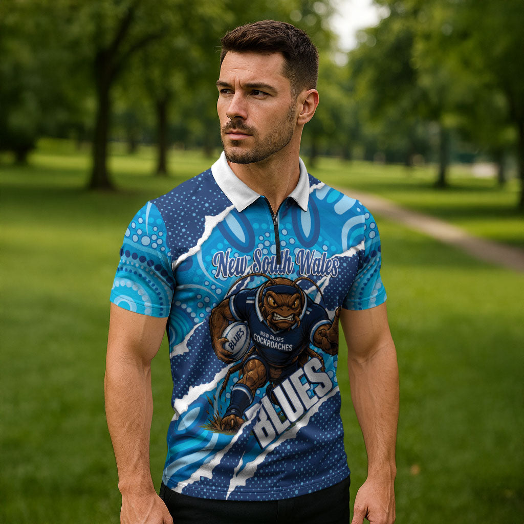 NSW Blues Rugby Custom Zipper Polo Shirt Go Cockroaches Sporty Aboriginal Art