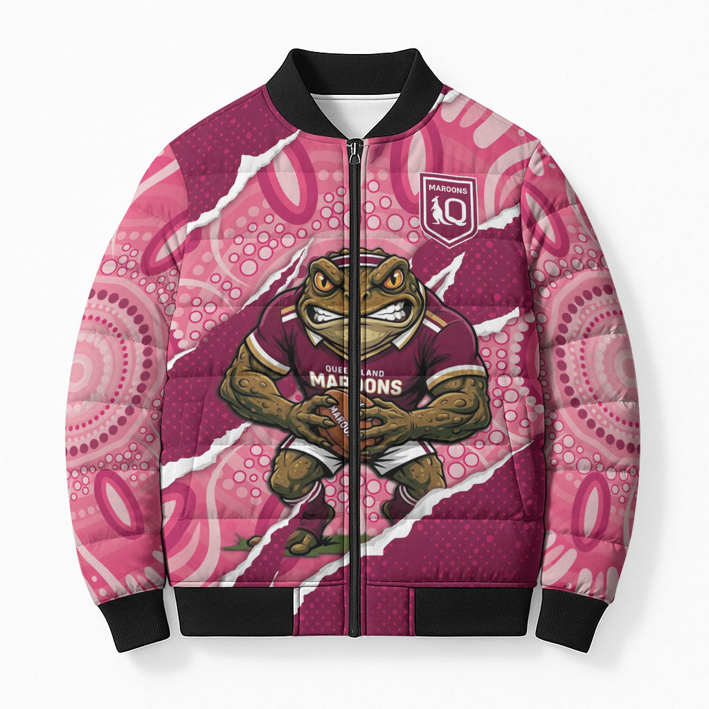 QLD Maroons Rugby Custom Bomber Puffer Jacket Go Cane Toads Sporty Aboriginal Art