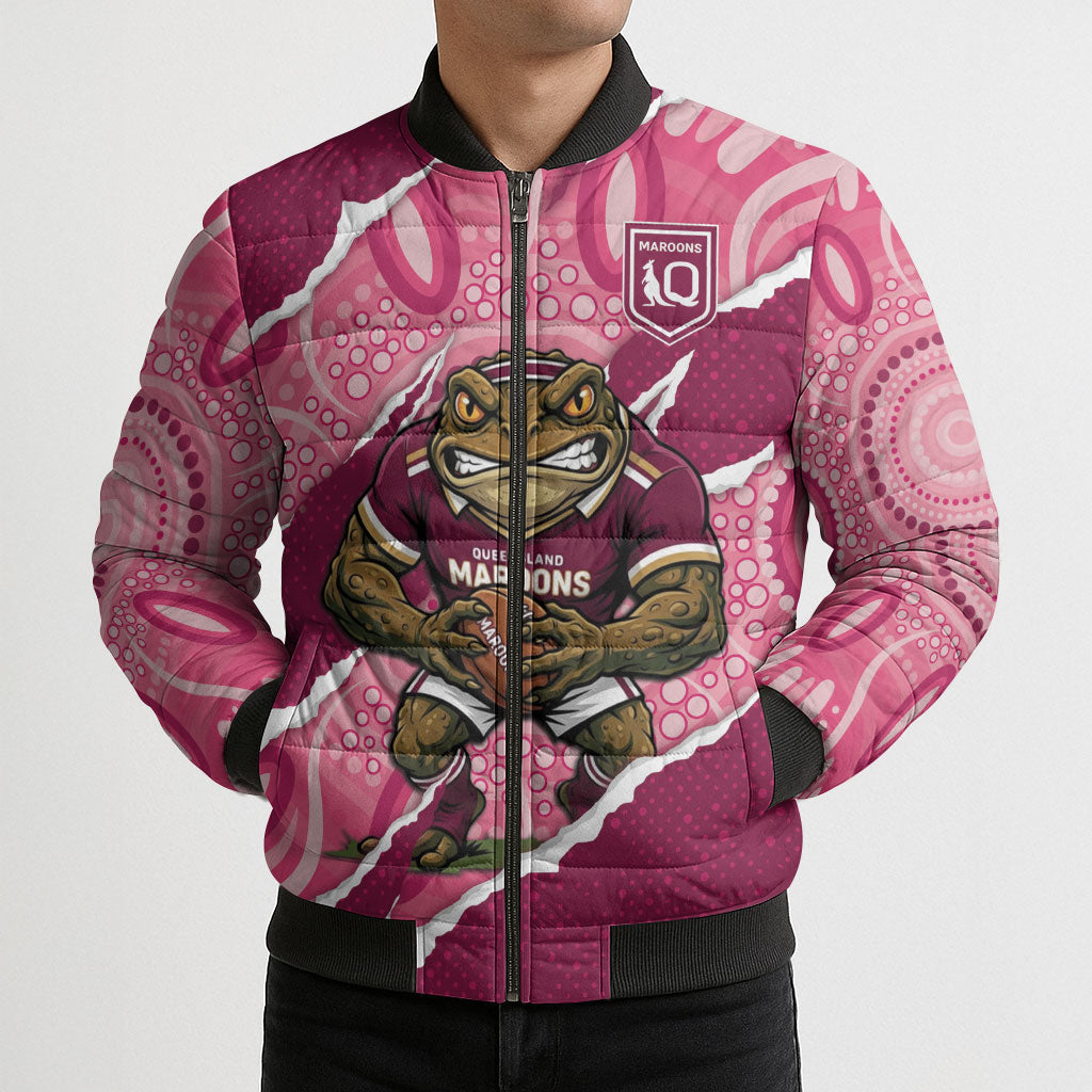QLD Maroons Rugby Custom Bomber Puffer Jacket Go Cane Toads Sporty Aboriginal Art