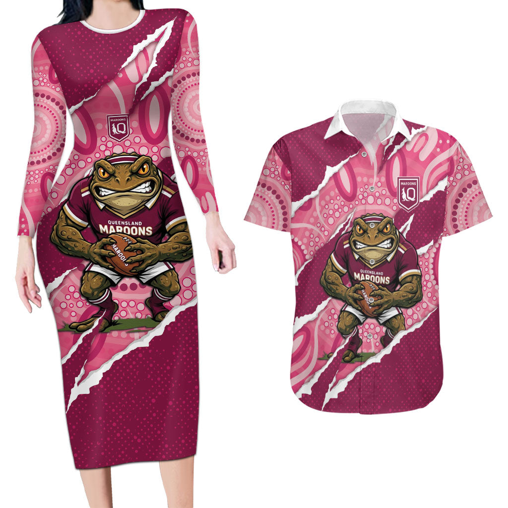QLD Maroons Rugby Custom Couples Matching Long Sleeve Bodycon Dress and Hawaiian Shirt Go Cane Toads Sporty Aboriginal Art