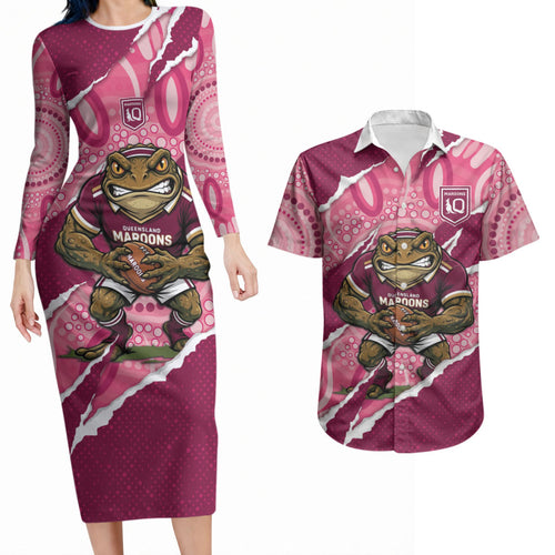 QLD Maroons Rugby Custom Couples Matching Long Sleeve Bodycon Dress and Hawaiian Shirt Go Cane Toads Sporty Aboriginal Art