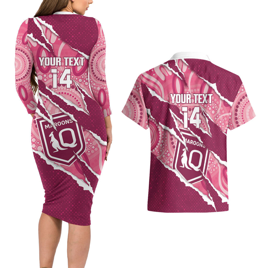 QLD Maroons Rugby Custom Couples Matching Long Sleeve Bodycon Dress and Hawaiian Shirt Go Cane Toads Sporty Aboriginal Art