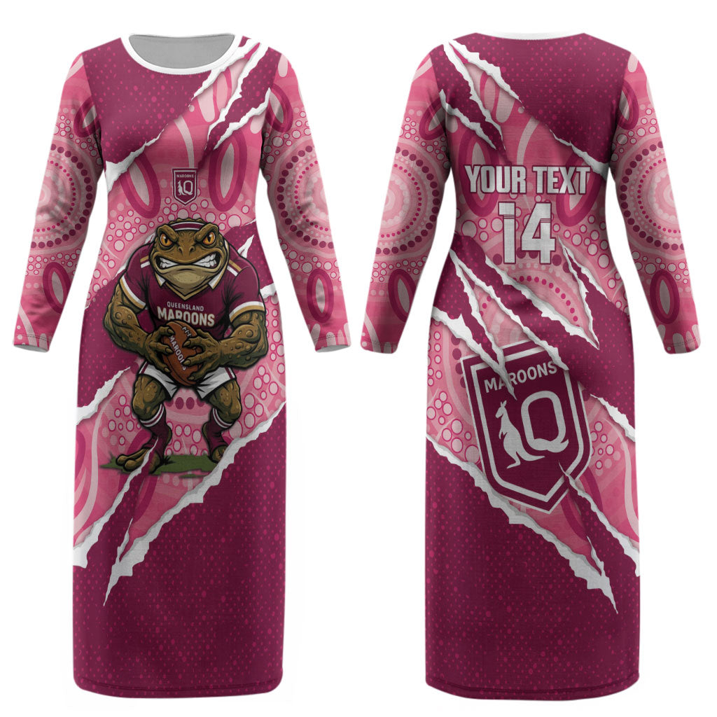 QLD Maroons Rugby Custom Couples Matching Long Sleeve Bodycon Dress and Hawaiian Shirt Go Cane Toads Sporty Aboriginal Art LT14