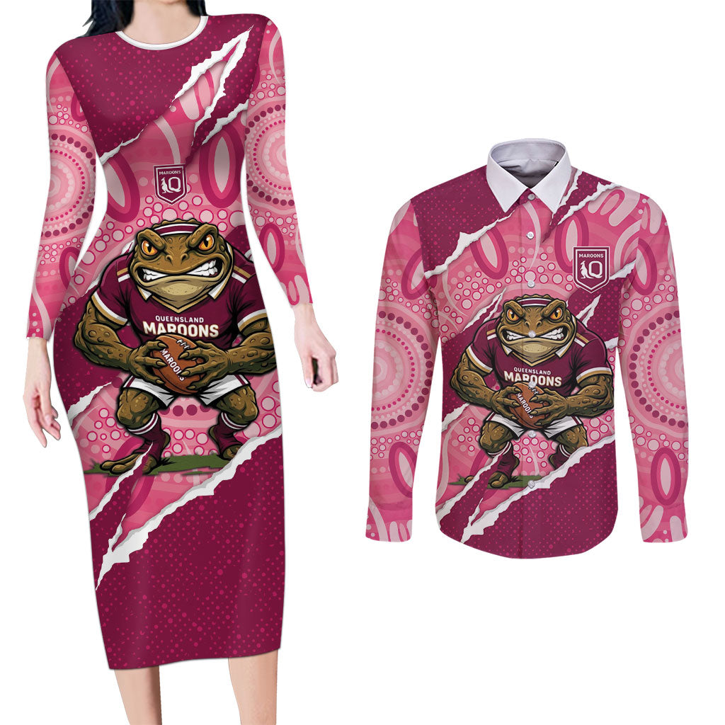 QLD Maroons Rugby Custom Couples Matching Long Sleeve Bodycon Dress and Long Sleeve Button Shirt Go Cane Toads Sporty Aboriginal Art