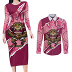 QLD Maroons Rugby Custom Couples Matching Long Sleeve Bodycon Dress and Long Sleeve Button Shirt Go Cane Toads Sporty Aboriginal Art