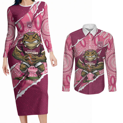 QLD Maroons Rugby Custom Couples Matching Long Sleeve Bodycon Dress and Long Sleeve Button Shirt Go Cane Toads Sporty Aboriginal Art