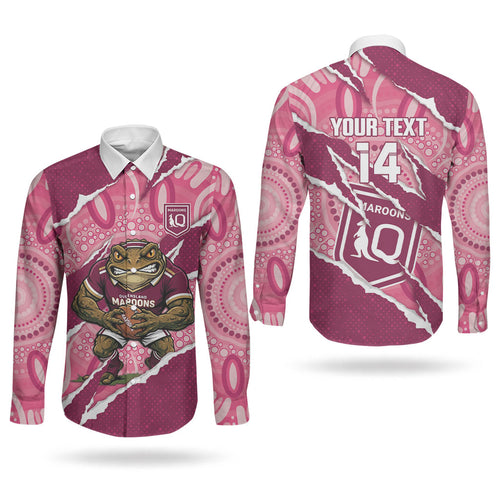 QLD Maroons Rugby Custom Couples Matching Long Sleeve Bodycon Dress and Long Sleeve Button Shirt Go Cane Toads Sporty Aboriginal Art