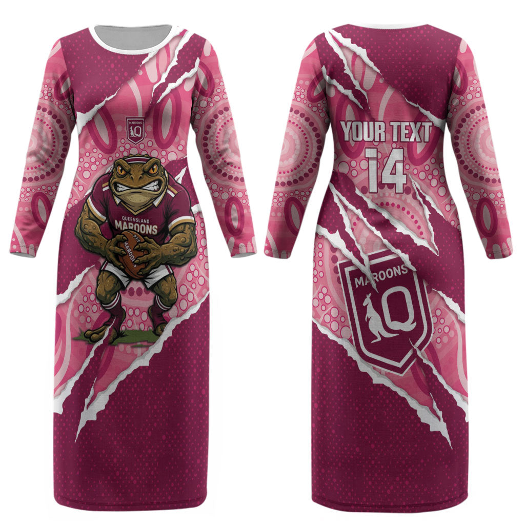 QLD Maroons Rugby Custom Couples Matching Long Sleeve Bodycon Dress and Long Sleeve Button Shirt Go Cane Toads Sporty Aboriginal Art LT14