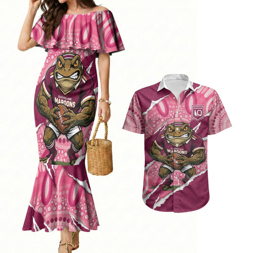 QLD Maroons Rugby Custom Couples Matching Mermaid Dress and Hawaiian Shirt Go Cane Toads Sporty Aboriginal Art