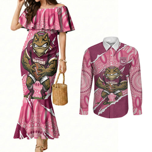 QLD Maroons Rugby Custom Couples Matching Mermaid Dress and Long Sleeve Button Shirt Go Cane Toads Sporty Aboriginal Art