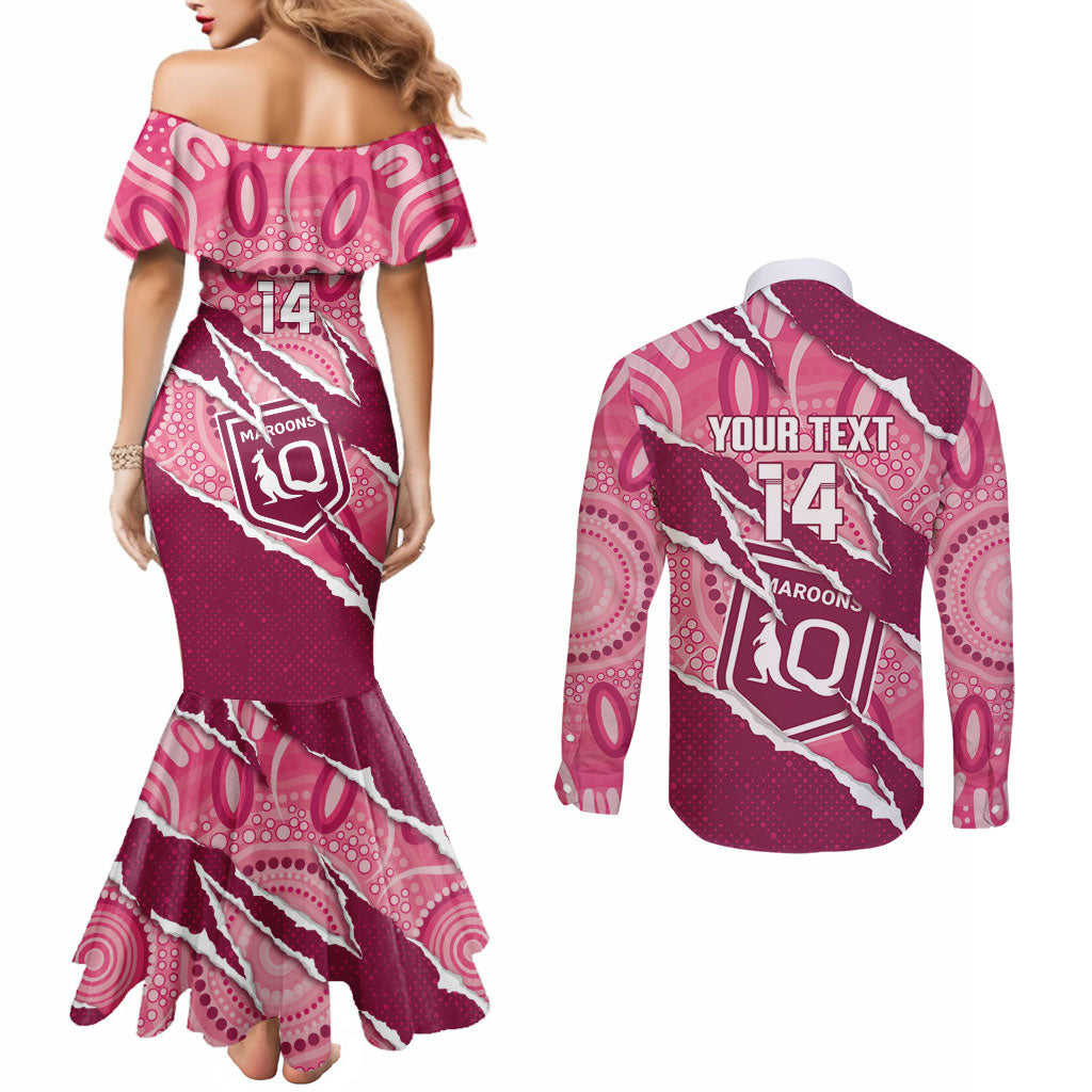 QLD Maroons Rugby Custom Couples Matching Mermaid Dress and Long Sleeve Button Shirt Go Cane Toads Sporty Aboriginal Art