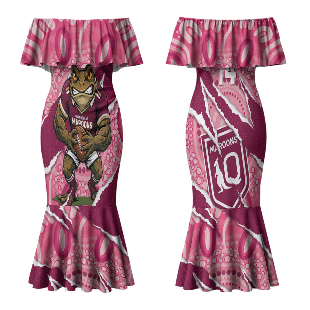 QLD Maroons Rugby Custom Couples Matching Mermaid Dress and Long Sleeve Button Shirt Go Cane Toads Sporty Aboriginal Art LT14