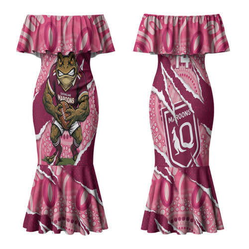QLD Maroons Rugby Custom Couples Matching Mermaid Dress and Long Sleeve Button Shirt Go Cane Toads Sporty Aboriginal Art LT14