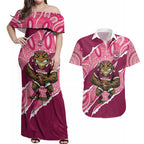 QLD Maroons Rugby Custom Couples Matching Off Shoulder Maxi Dress and Hawaiian Shirt Go Cane Toads Sporty Aboriginal Art