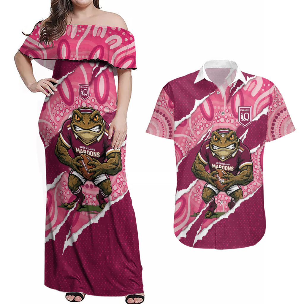 QLD Maroons Rugby Custom Couples Matching Off Shoulder Maxi Dress and Hawaiian Shirt Go Cane Toads Sporty Aboriginal Art