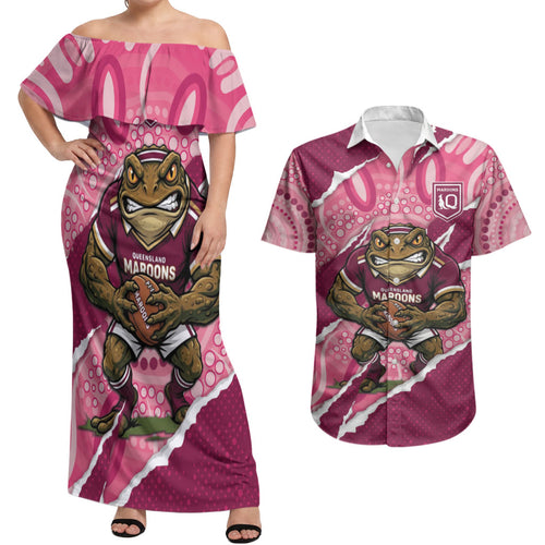 QLD Maroons Rugby Custom Couples Matching Off Shoulder Maxi Dress and Hawaiian Shirt Go Cane Toads Sporty Aboriginal Art