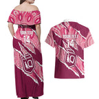 QLD Maroons Rugby Custom Couples Matching Off Shoulder Maxi Dress and Hawaiian Shirt Go Cane Toads Sporty Aboriginal Art
