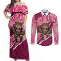 QLD Maroons Rugby Custom Couples Matching Off Shoulder Maxi Dress and Long Sleeve Button Shirt Go Cane Toads Sporty Aboriginal Art
