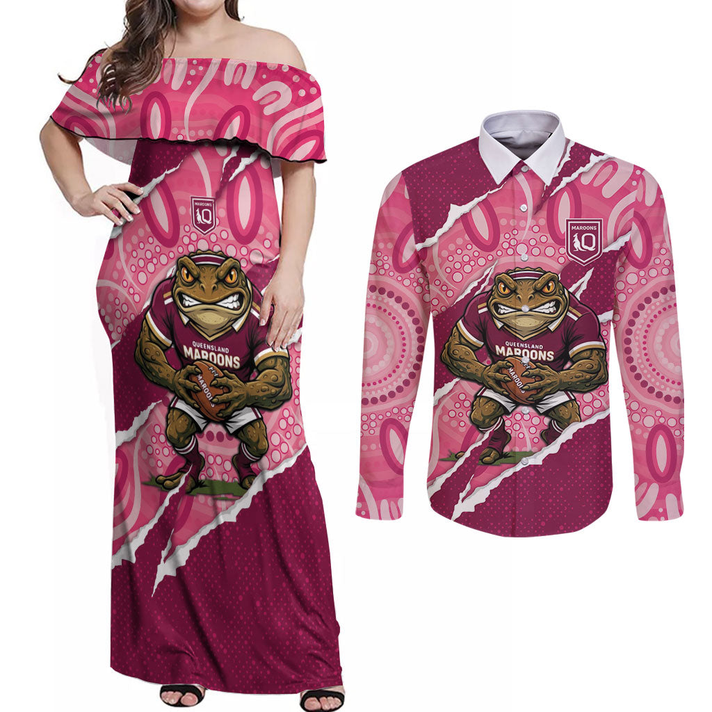QLD Maroons Rugby Custom Couples Matching Off Shoulder Maxi Dress and Long Sleeve Button Shirt Go Cane Toads Sporty Aboriginal Art