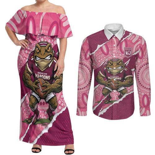 QLD Maroons Rugby Custom Couples Matching Off Shoulder Maxi Dress and Long Sleeve Button Shirt Go Cane Toads Sporty Aboriginal Art