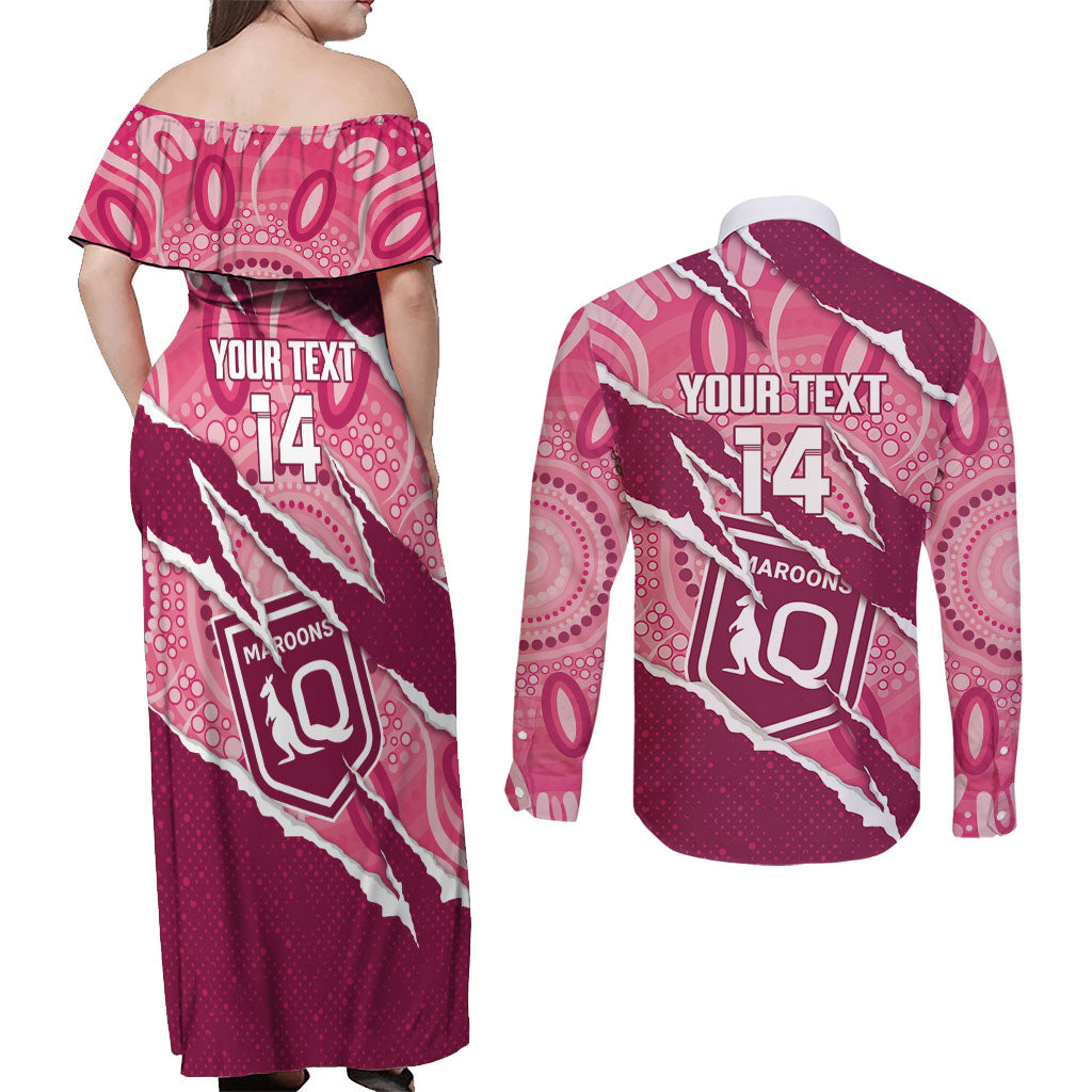 QLD Maroons Rugby Custom Couples Matching Off Shoulder Maxi Dress and Long Sleeve Button Shirt Go Cane Toads Sporty Aboriginal Art
