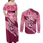 QLD Maroons Rugby Custom Couples Matching Off Shoulder Maxi Dress and Long Sleeve Button Shirt Go Cane Toads Sporty Aboriginal Art