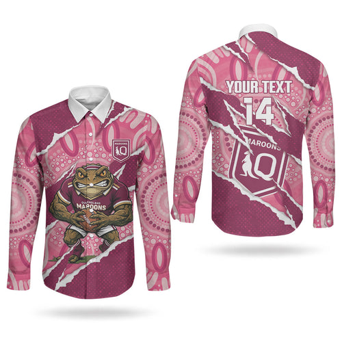 QLD Maroons Rugby Custom Couples Matching Off Shoulder Maxi Dress and Long Sleeve Button Shirt Go Cane Toads Sporty Aboriginal Art