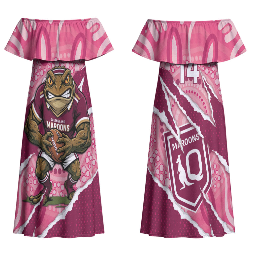 QLD Maroons Rugby Custom Couples Matching Off Shoulder Maxi Dress and Long Sleeve Button Shirt Go Cane Toads Sporty Aboriginal Art LT14